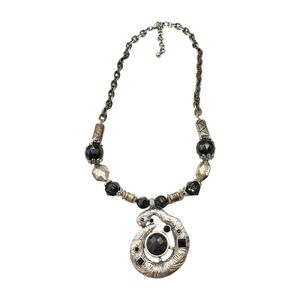 Silver and Black Bead Snake Pendant Chain Necklace Textured. 20"
